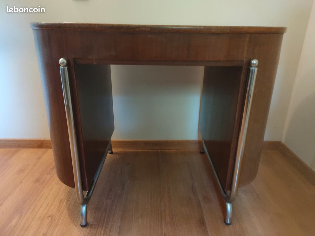 Bureau oval ancien Art Déco bois et acier chromé rare (image 2)