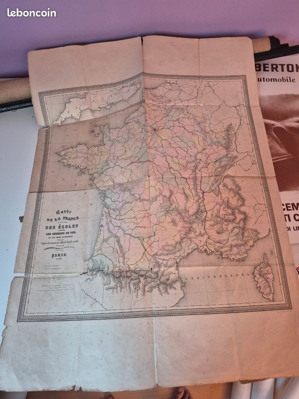 Affiche originale carte de la france les chemins de fers et voies naviguable 1879 (image 1)