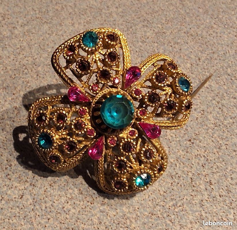 Broche Ancienne En Laiton Sertie De Pierres - Bijou Vintage, Occasion, Sans Marque