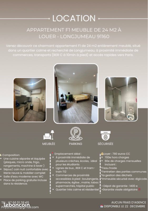 Appartement 1 pièce(s) 25 m²à louer Longjumeau
