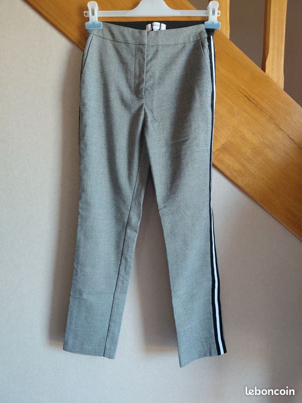 Pantalon Jennyfer Taille 34 Gris Chiné Tailleur Cigarette Slim Bandes Noires Habillé (image 1)