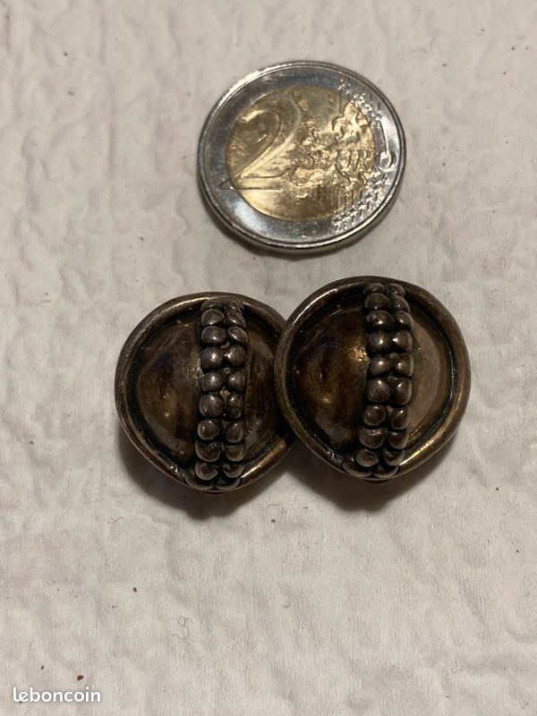 Paire de boucles d’oreilles à pince ancienne en argent, années 1930, motif art déco/nouveau, jolie patine (image 1)