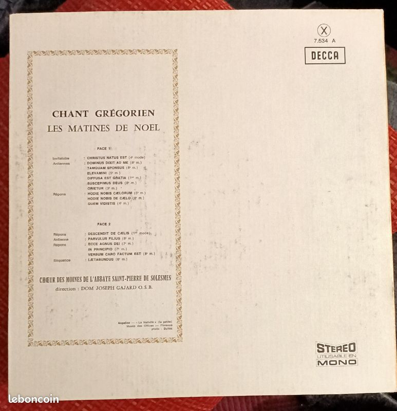 Disque vinyle 33 tours : Chant grégorien - les Matines de Noël (image 3)