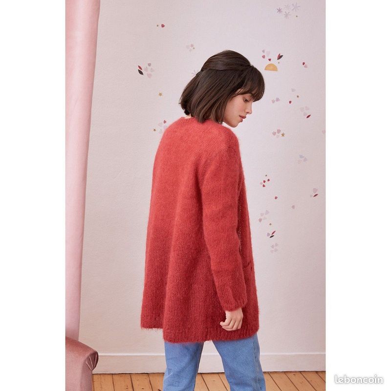 Cardigan Ouvert Tricoté Main Mohair - Rouge Rose Vif Vintage, Taille S, Très Bon état