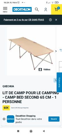 LIT DE CAMP POUR LE CAMPING - CAMP BED SECOND 65 CM - 1 PERSONNE