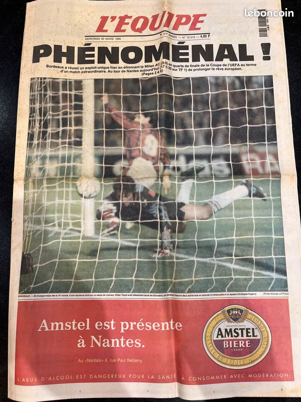 L’ÉQUIPE 15512 20 mars 1996 PHÉNOMÉNAL Bordeaux Milan (image 1)