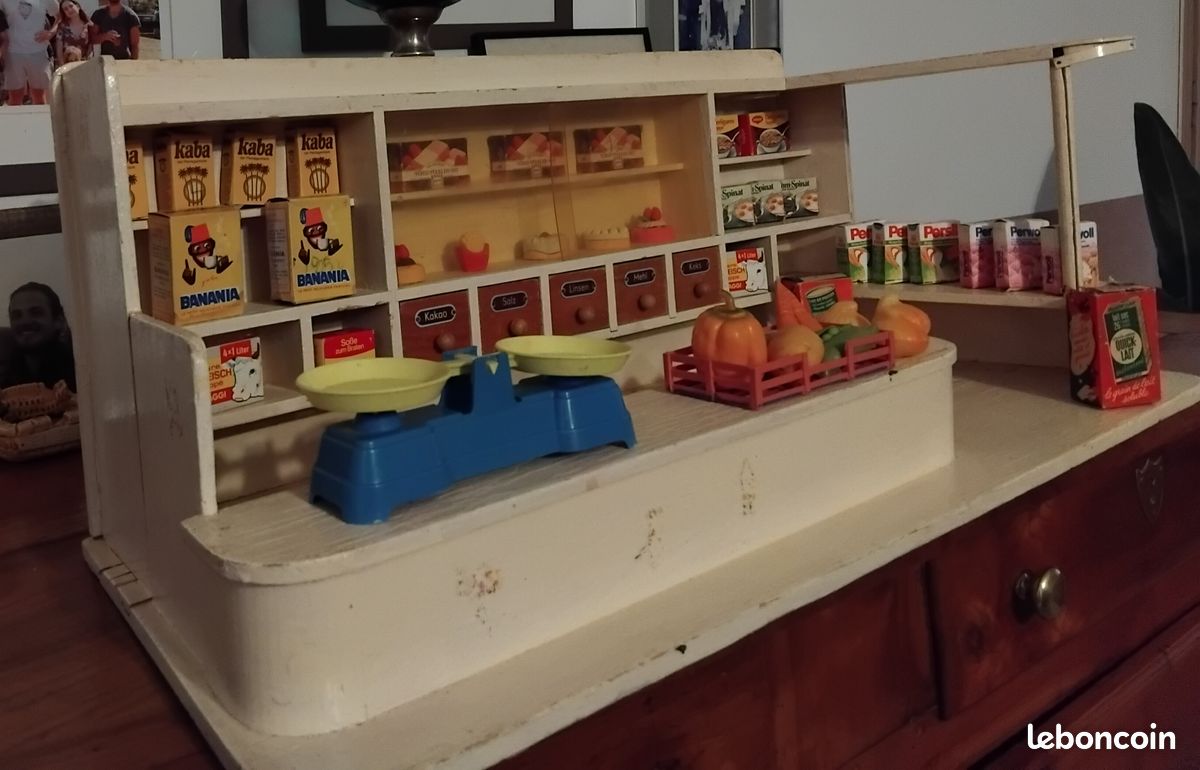 JOUET ANCIEN ÉPICERIE En Bois Peint Avec De Nombreux Accessoires