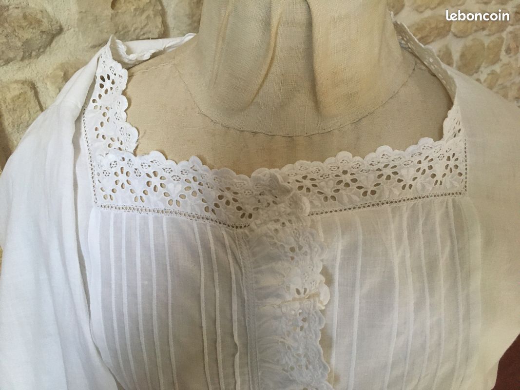 Veste Ou Chemise Vintage En Coton Et Dentelle Blanche - Taille M - Occasion Très Bon état - Style Champêtre