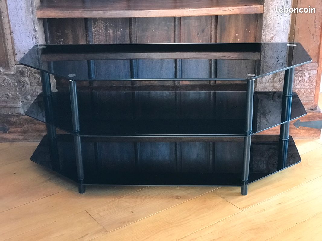 Meuble TV / Hi-Fi en verre fumé noir – 3 plateaux (image 1)