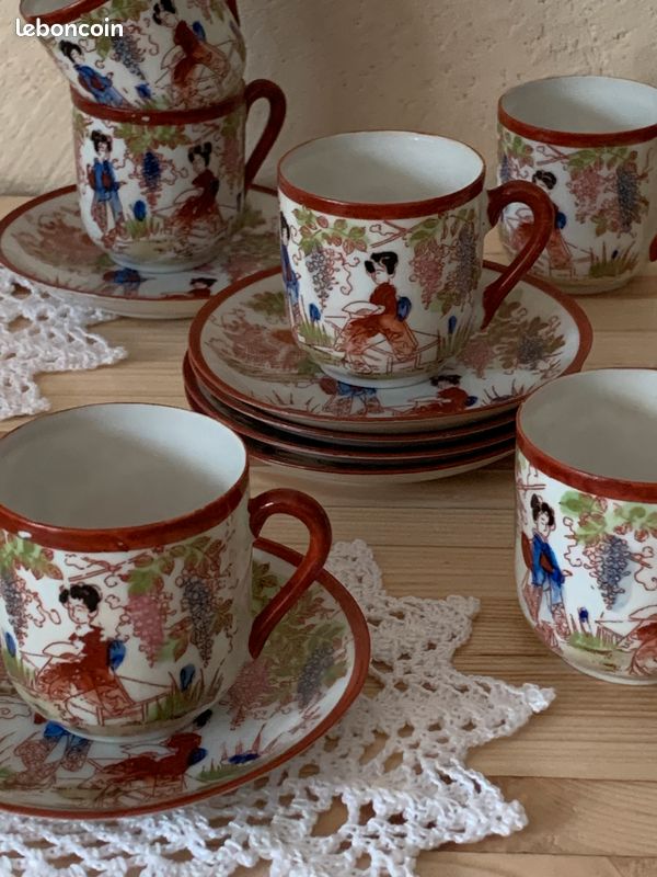 6 Tasses à Thé +Soucoupes Vintage Gheisha Porcelaine Ultra Fine (image 6)