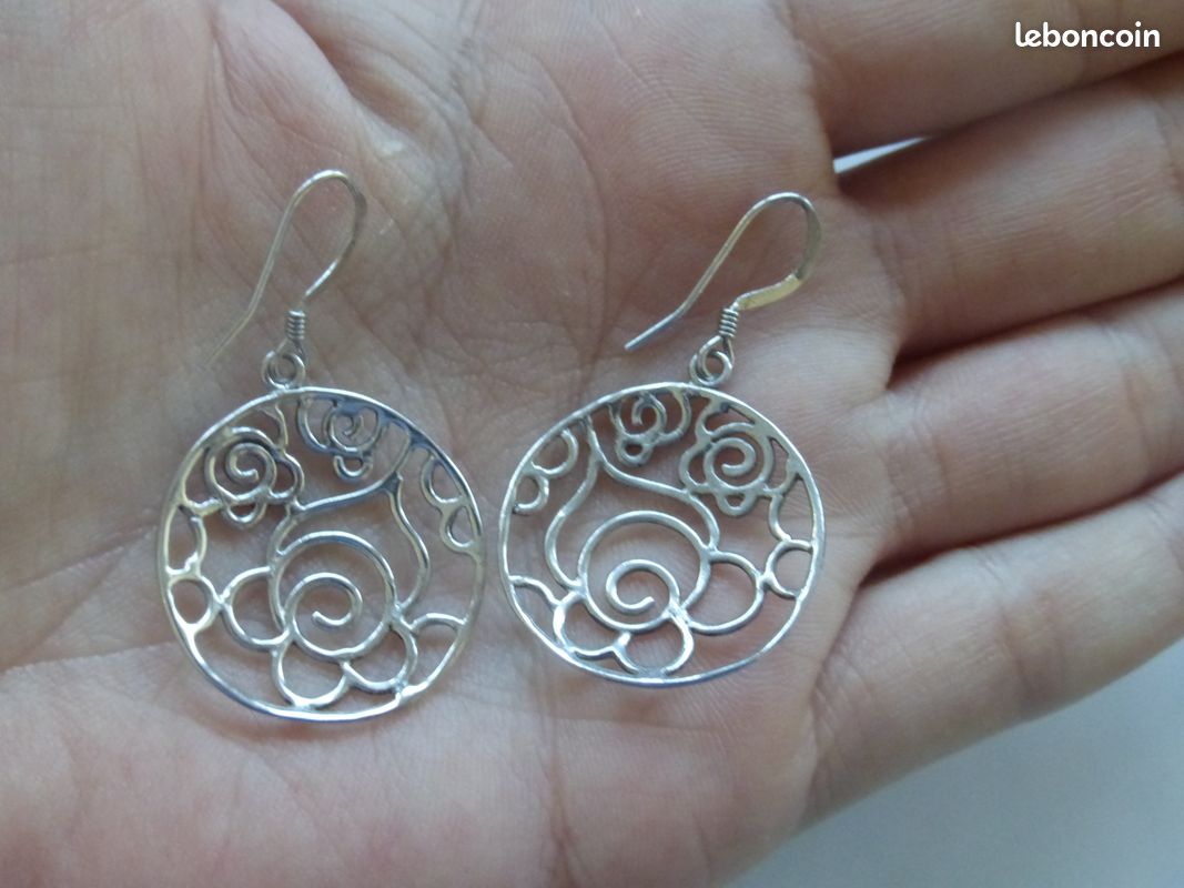 Boucles d'oreilles pendantes argent massif 925 poinçon 4,30gr h. 4cms, ambre Baltic 2,90gr h.3cm tbé (image 2)