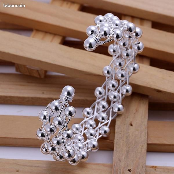 Bracelet manchette plaqué argent 925 motif tréssé vintage ajustable + POCHETTE (image 2)