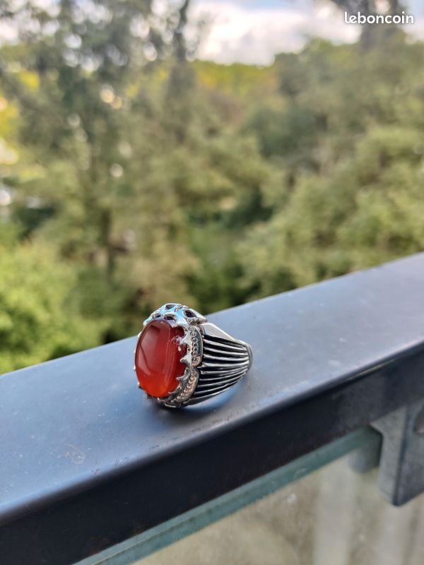 Bague Chevalière En Argent Avec Pierre Agate Yéménite - Bijou Neuf Sans Emballage
