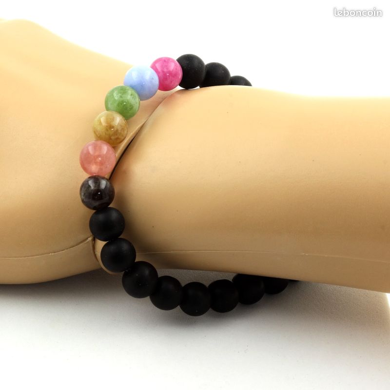 Bracelet Perles Tourmaline multicolore + Onyx noir mat 8 mm. Fabriqué en France (image 2)