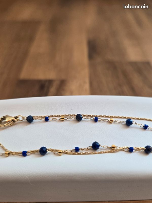 Bracelet Perles Bleues Lapis Lazuli Et Acier Inoxydable Doré - Longueur 17-18cm - Neuf Sans Boîte