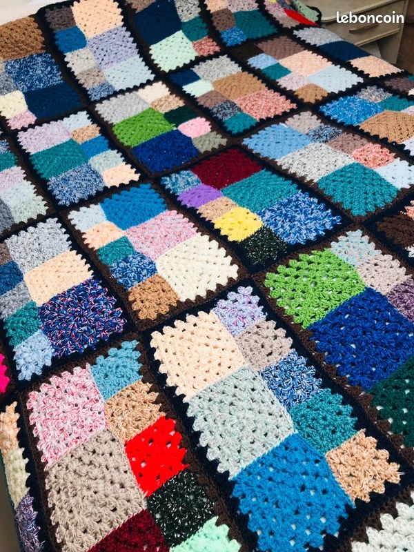 Grande couverture vintage années 70 granny square crochet patchwork laine multicolore 195x215 (image 3)