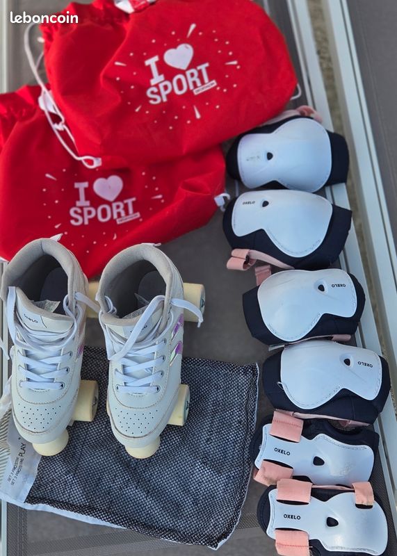 Roller blanc roue oxelo décathlon protection mains, coudes