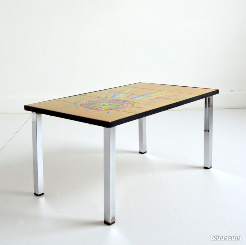 Table basse / Bout de canapé / céramique peinte à la main / Décor soleil vintage années 60 (image 2)