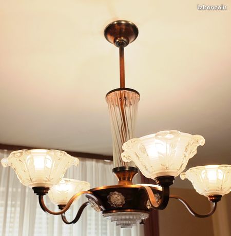 Magnifique Lustre Art Déco Années 30/40 En Cuivre Et Verre - Marque Ezan (avec Culot Baïonnette)