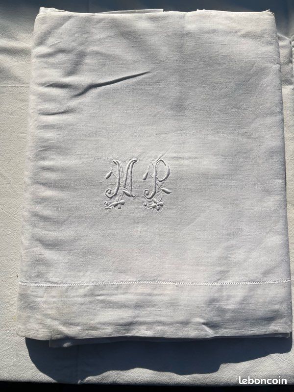 Grand Drap Ancien En Lin - 268 X 200 Cm - Blanc - Motif Mono + Jour + Retour