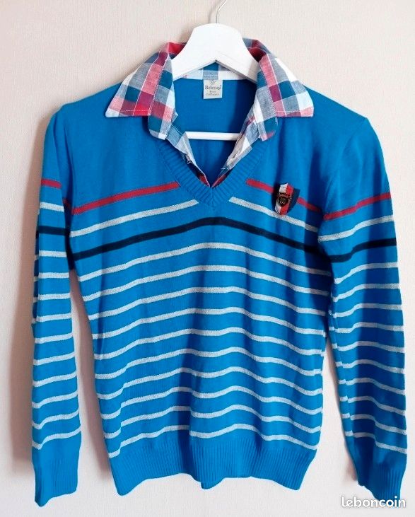 Pull enfant col chemise intégré Belenay 11-12 ans bleu rayé style casual chic - Vêtements