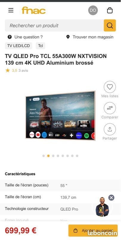 TV Qled Pro TCL 55A3000W Alu Brossé (image 2)