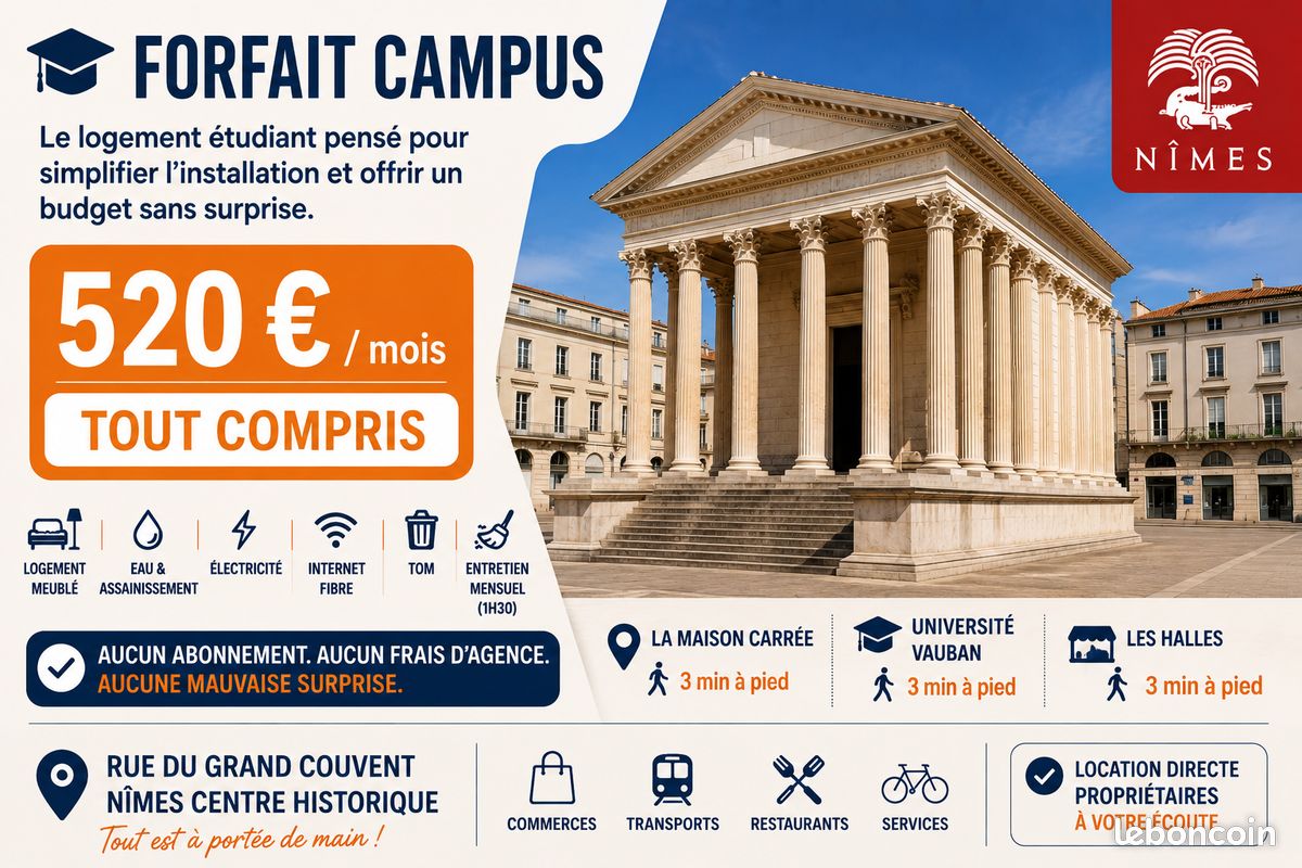 Appartement 1 pièce 12 m² · à Nîmes · 11,5 m² · 520 €