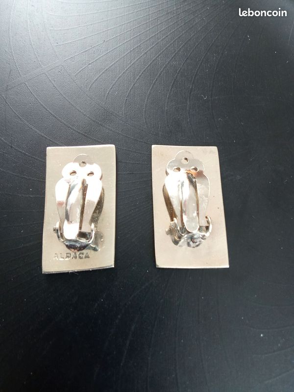 Boucles d'oreilles clip art déco vintage - Fleur en argent sterling, verre bleu lait - France