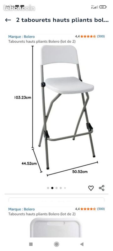 2 tabourets hauts pliables boléro livraison possible
Dimensions en annonce
Livraison possible (image 1)