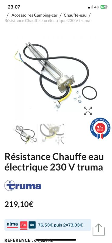 Résistance Chauffe eau électrique 230 V truma