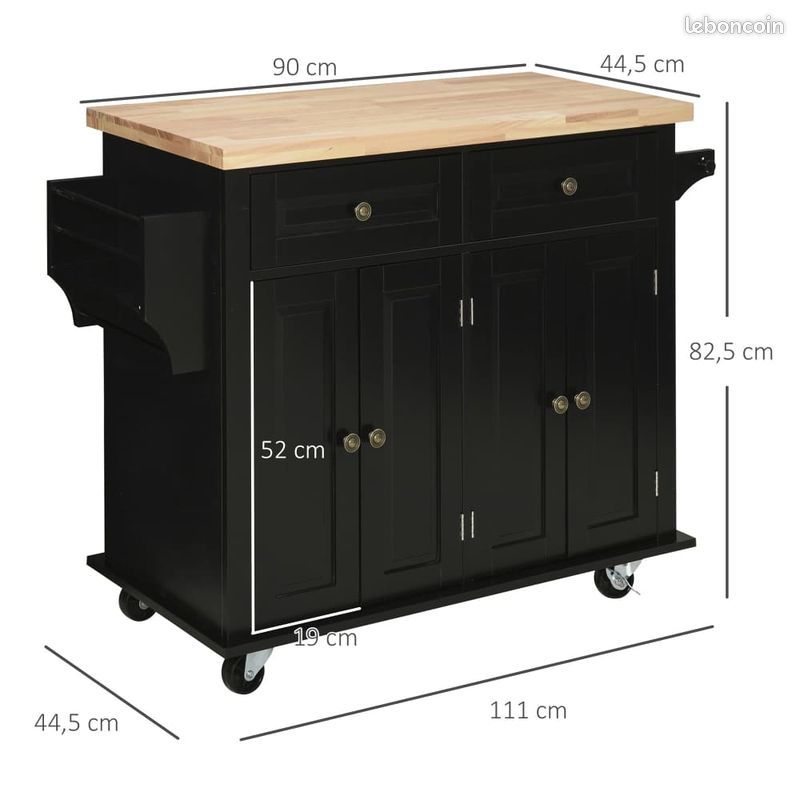 Ilot Cuisine Desserte Multi Rangement Noir Bois (image 2)