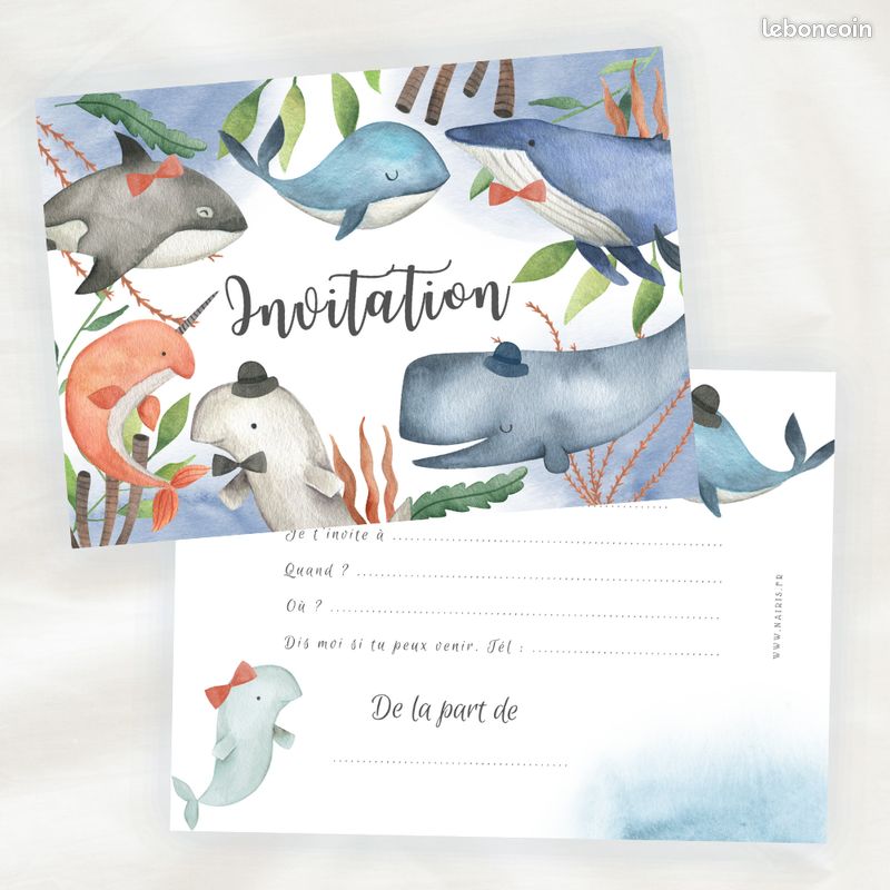Lot de 8 cartes d'invitation anniversaire enfant - animaux de la mer aquarelle (image 1)
