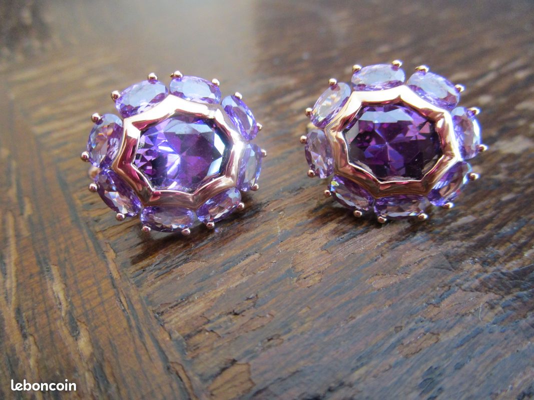 Boucles D'oreilles Argent Sterling Avec Améthyste Et Quartz Rose - Fait Main #1489 - Neuf Avec étiquettes