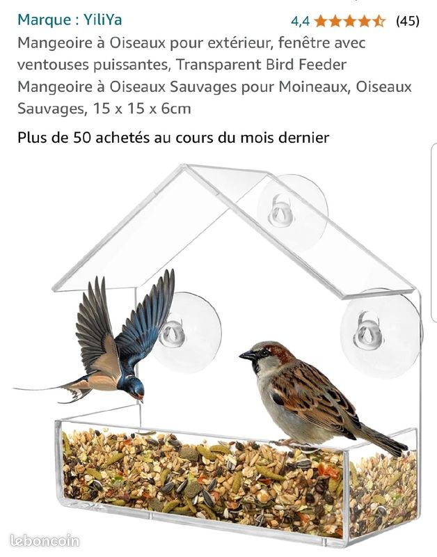 Mangeoire à Oiseaux Fenêtre Avec Ventouses - Transparente, 15x15x6cm - Pour Moineaux Et Oiseaux Sauvages