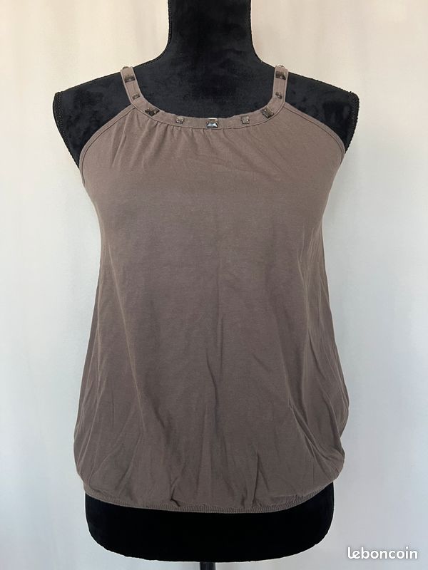 Débardeur couleur marron/taupe, strass, taille 1, marque Camaïeu (image 1)