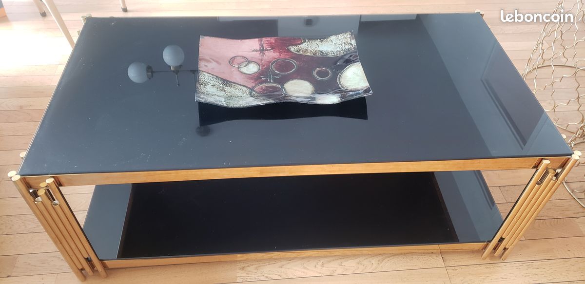 Table basse verre noir métal doré (image 2)