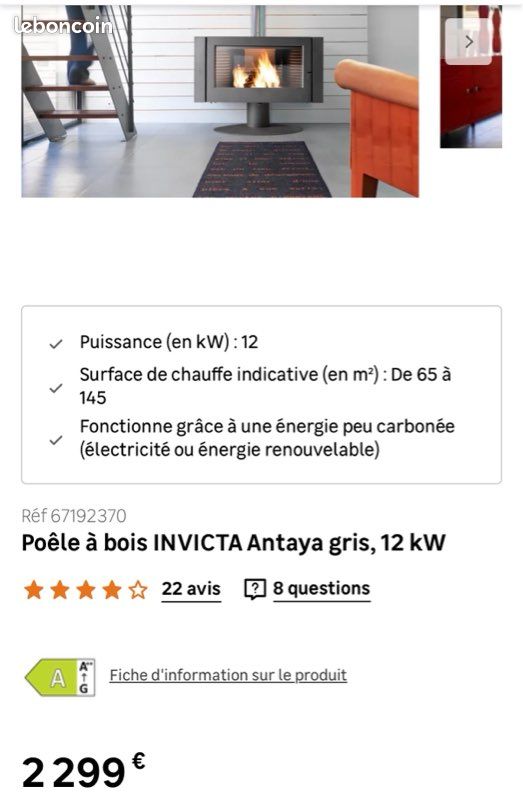 Poêle à bois INVICTA Antaya 12kW – Fonte – Flamme Verte 7★ – Quasi Neuf (image 5)