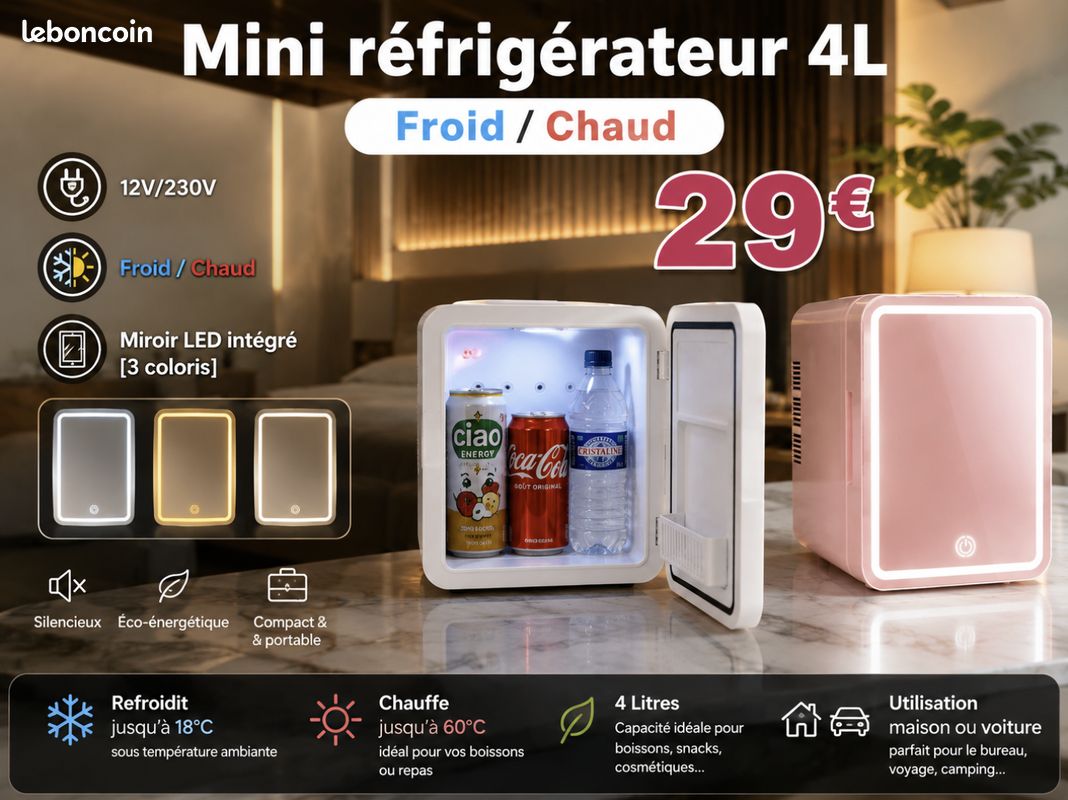 🧊 [NEUF] Mini Réfrigérateur 4L – Froid & Chaud – 12V/230V - Lumière 🥇 VENDEUR PRO (image 2)