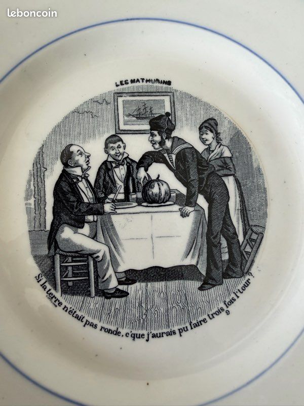 Lot de 6 assiettes anciennes Gien « Les Mathurins » – Faïence humoristique (image 7)