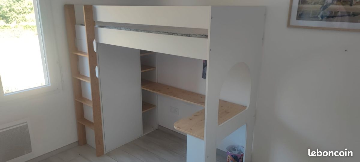 Lit mezzanine 1 place avec bureau et rangements avec matelas (image 7)
