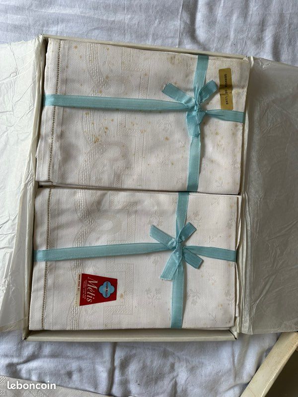 Nappe Et 12 Serviettes Anciennes En Lin Bleu - Brodé - Art Déco - France 1920-1949