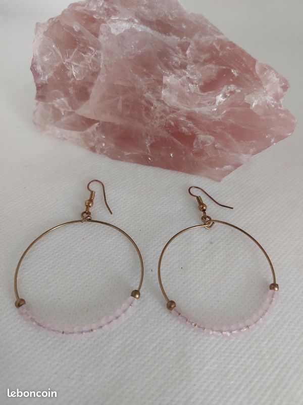 Boucles D'oreilles Plaque Or & Quartz Rose - Puces Neuves Avec étiquettes, Sans Marque