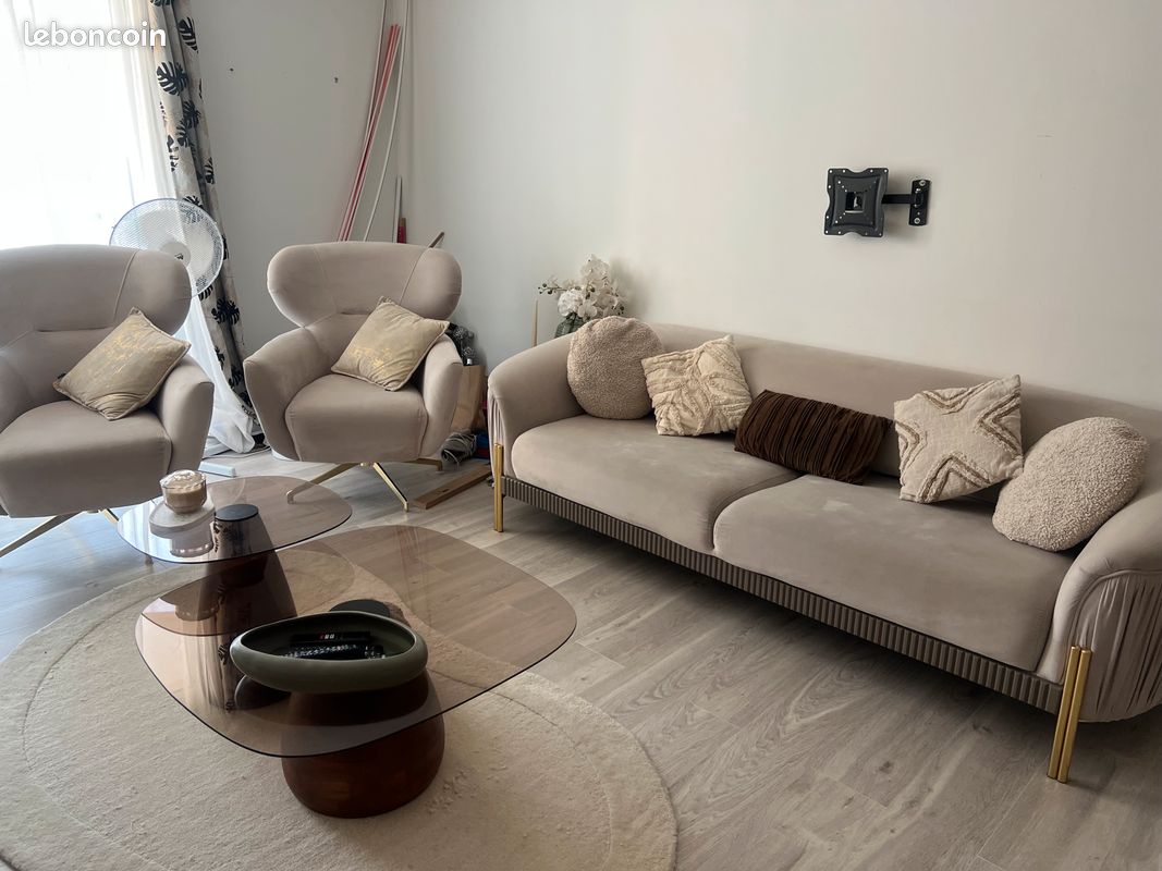 Canapé et 2 fauteuils beige velours (image 4)