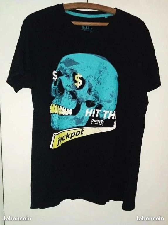 T shirt Jean Pascale noir turquoise tete de mort money taille L