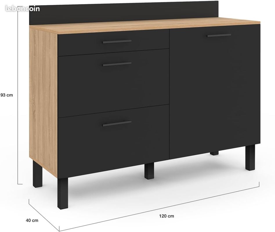 Buffet Bas Casserolier de Cuisine 120 cm - Plan de Travail Hauteur 83 cm - Coloris Hêtre et Noir (image 2)