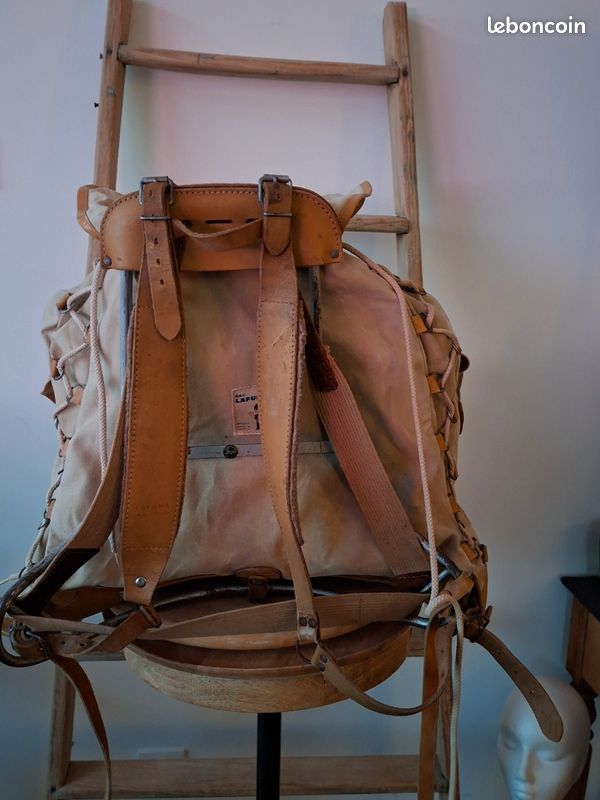 Ancien Sac à Dos LAFUMA En Toile Et Cuir - Armature Brevetée SGDG - Randonnée Vintage
