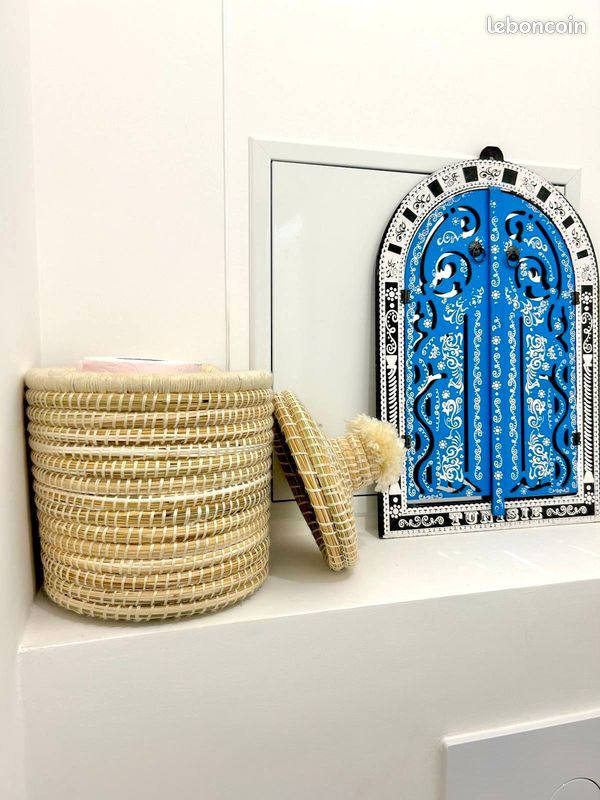 Panier de rangement marocain paille et laine blanc ronde 20cm (image 2)