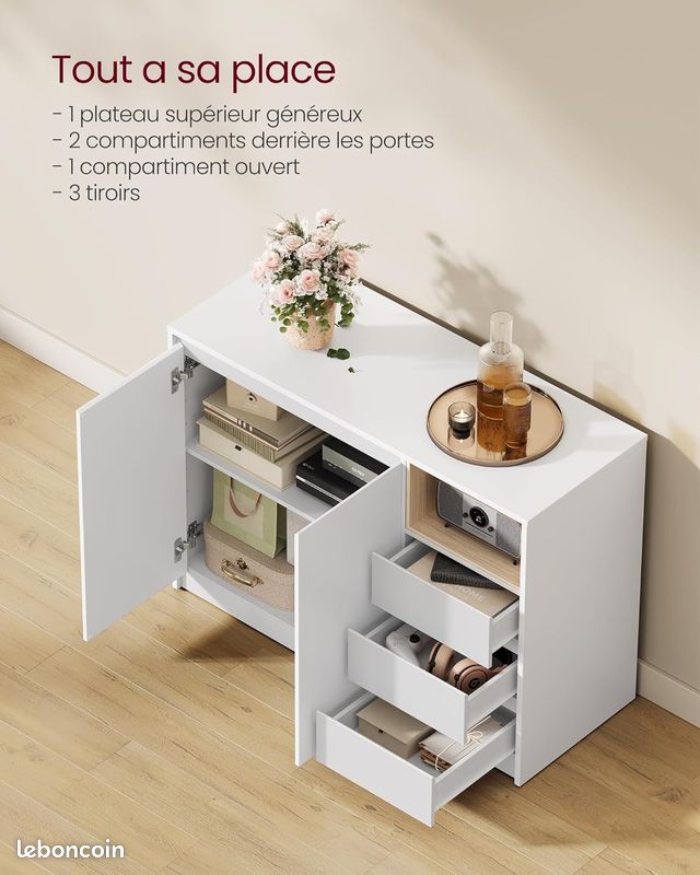 Buffet Moderne – Armoire de Rangement Minimaliste – 3 Tiroirs & Placard à Étagères Réglables – Design Blanc Nuage sans Poignées – 103,3 cm (image 5)