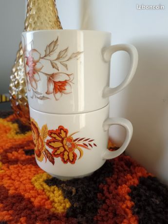 Duo De Tasses Vintage Monopoli – Décor Fleuri Multicolore – Café – Occasion