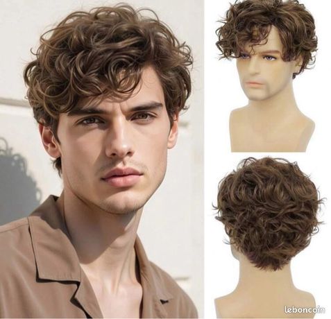 Perruque Courte Ondulée pour Garçon, Cheveux Courts Bouclés Texture Duveteuse Brun Foncé pour Enfant pour Fêtes